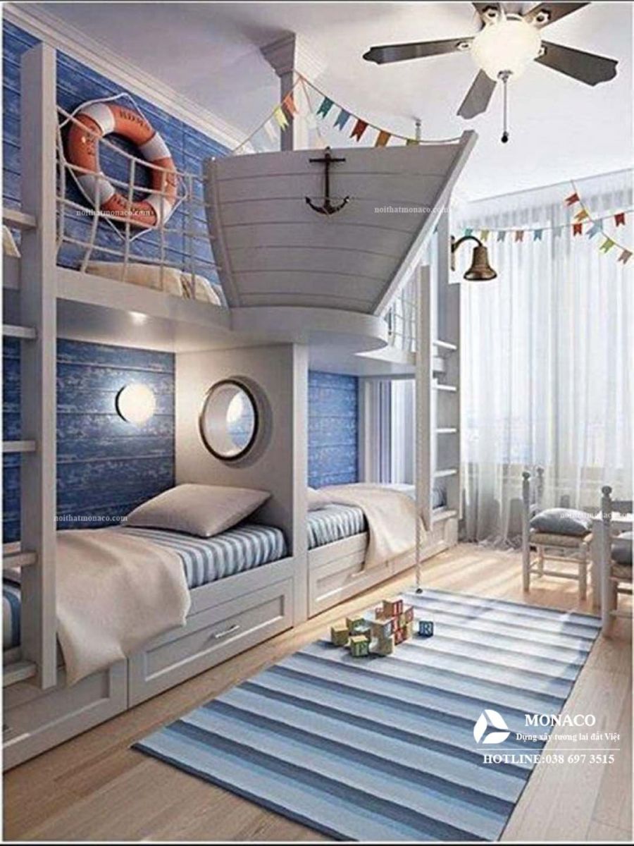 Sức sáng tạo không giới hạn khi bạn thiết kế giường tầng độc lạ cho hai bé trai của mình. Hãy trang trí nó với các màu sắc tươi sáng và hình ảnh yêu thích của các bé. Đây sẽ là nơi chơi và học tập tuyệt vời cho hai con bạn.